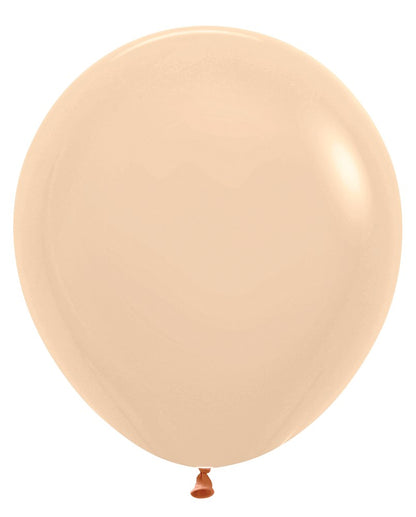 18 inch round pastel matte peach latex balloon inflated with glossy finish and knotted end.