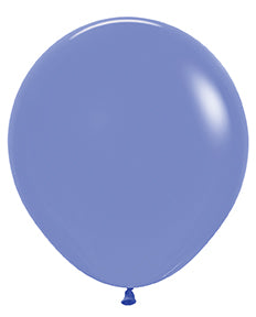 Glossy periwinkle blue round latex balloon inflated to full 18-inch size with tied end.