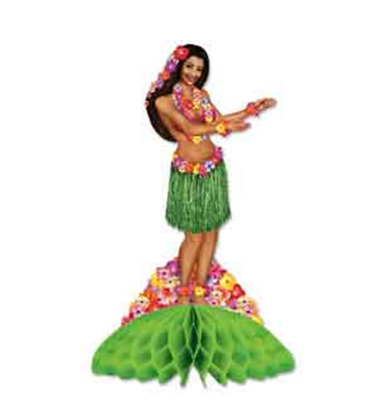 Colorful hula dancer centerpiece with a green honeycomb paper skirt and vibrant flower lei and bracelets.