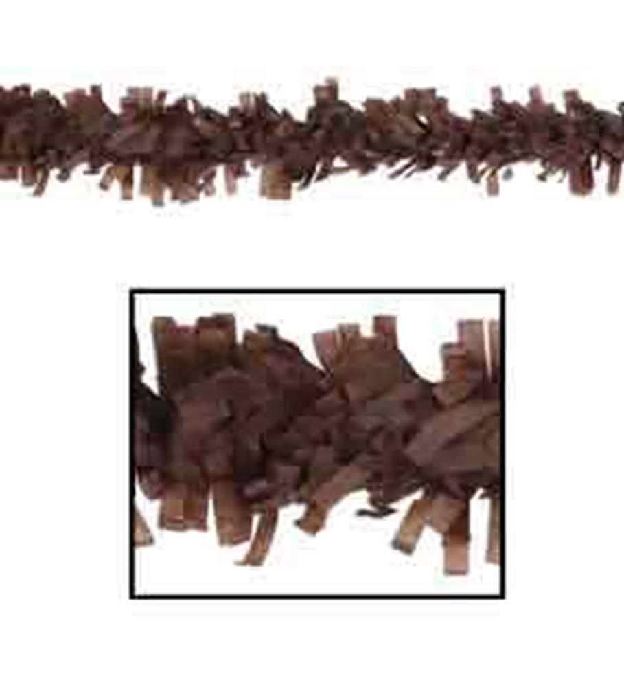 Brown paper festoon garland with shredded, fringed texture, 25 feet long, decorative party trim.