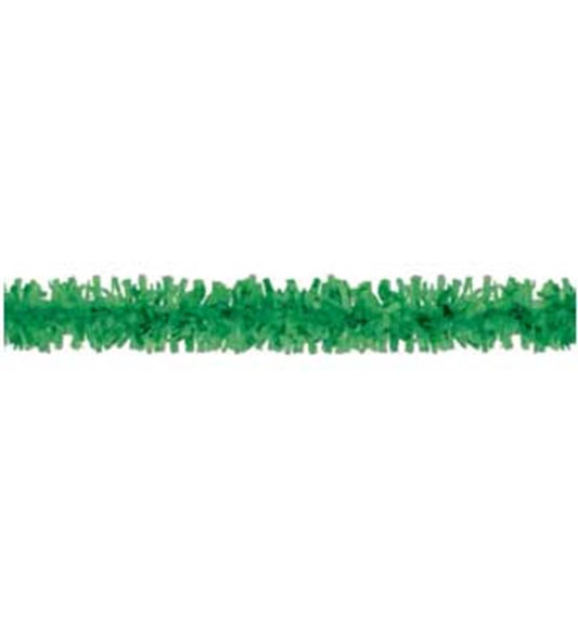 Green plastic festooning garland with short, dense fringe strands, 25 feet long.