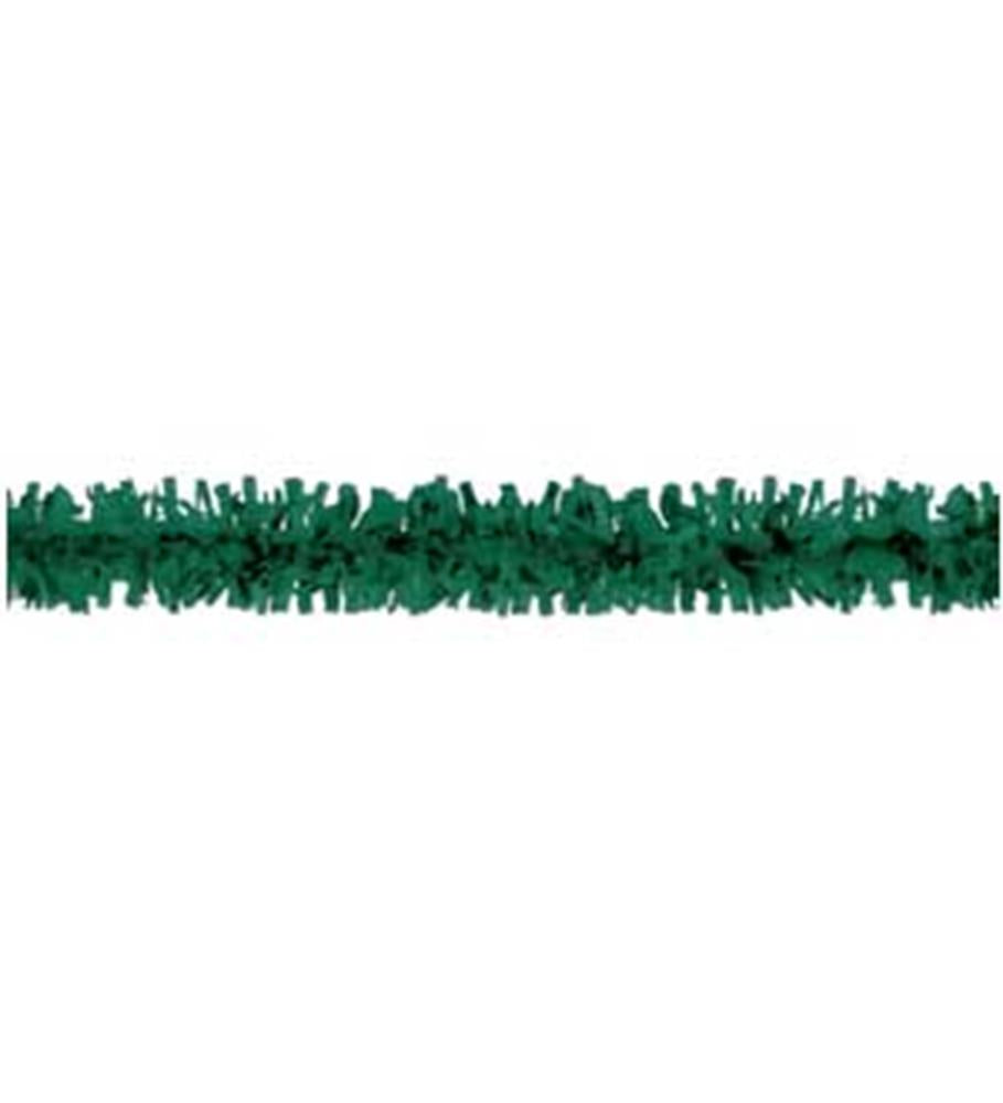 Hunter green plastic festooning garland with dense, textured leaves, 25 feet long.