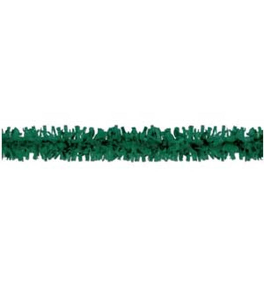 Hunter green plastic festooning garland with dense, textured leaves, 25 feet long.