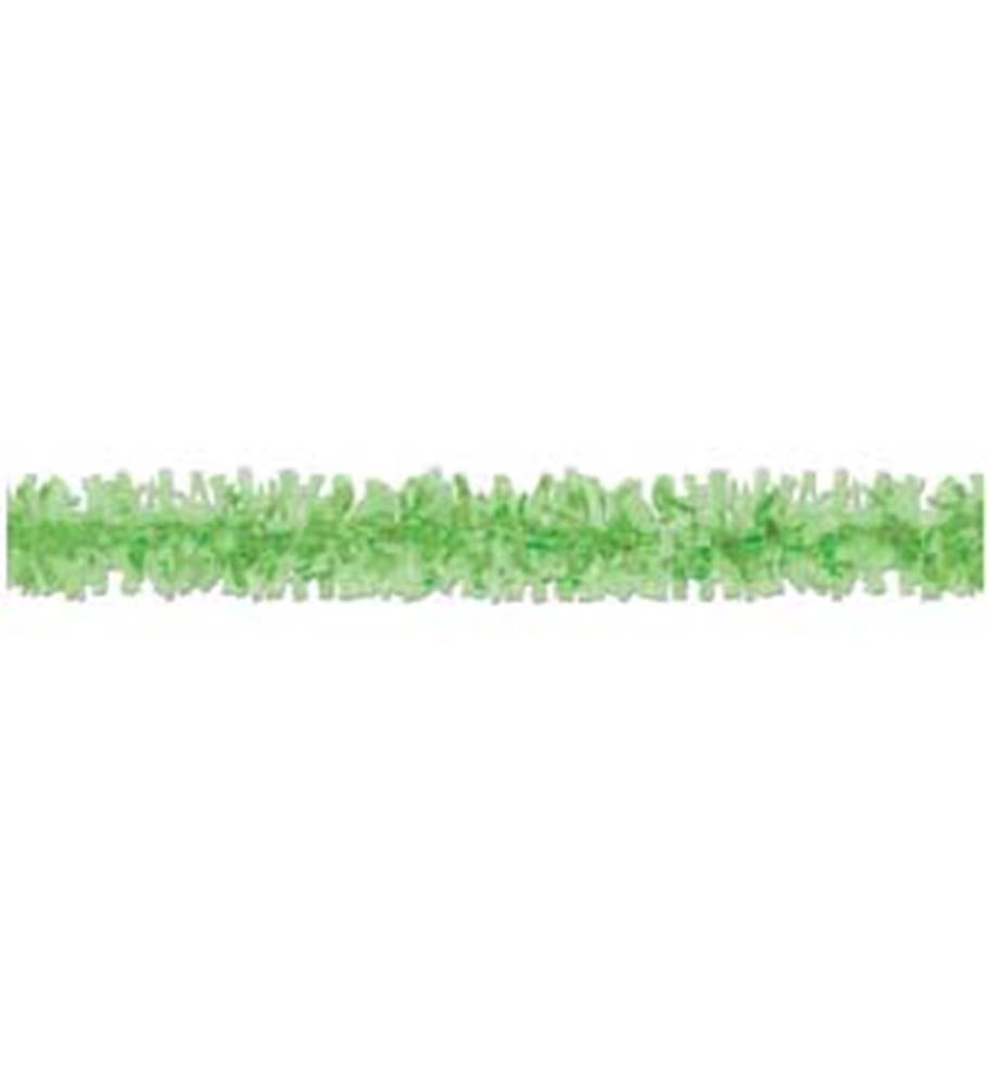 Light green plastic festooning garland with fringed texture, 25 feet long, for party decoration.