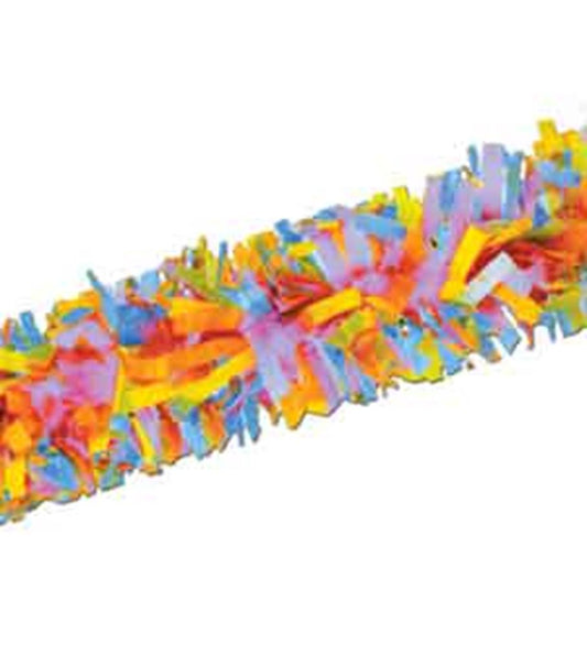 25ft multi-color festooning garland with layered pink, blue, yellow, and orange fringes.