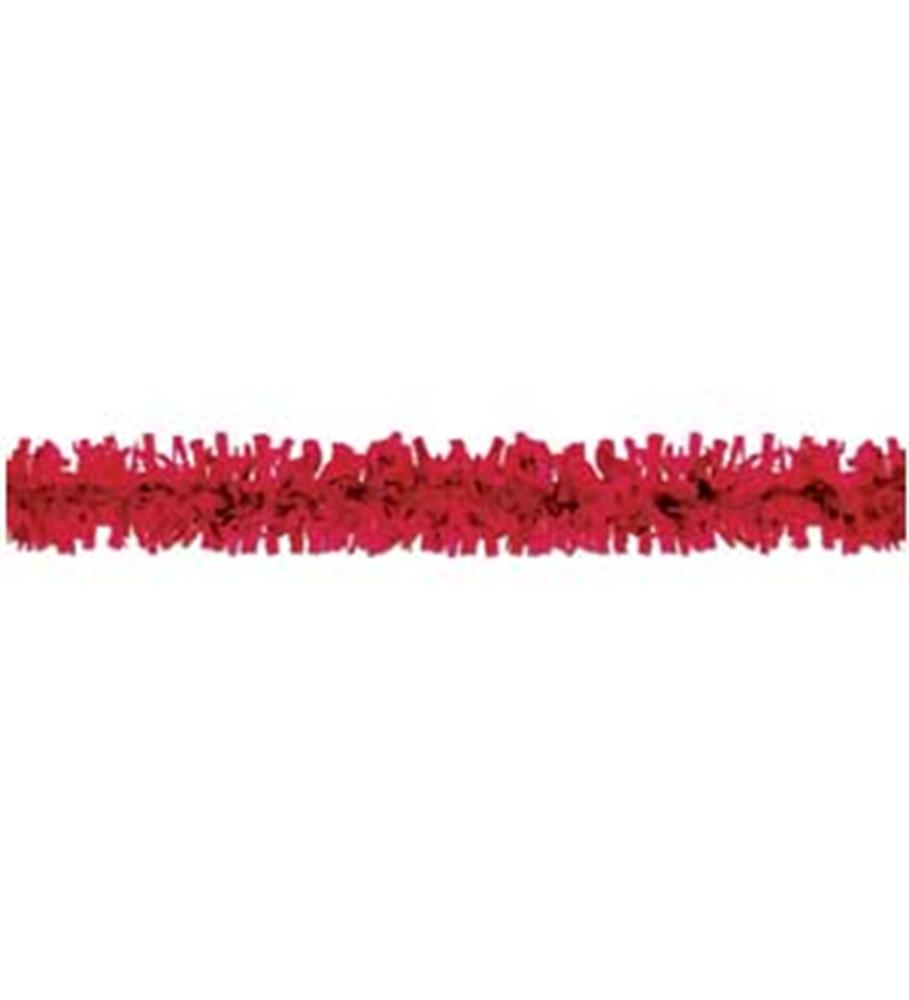 25ft red plastic festooning with ruffled texture for party decoration.