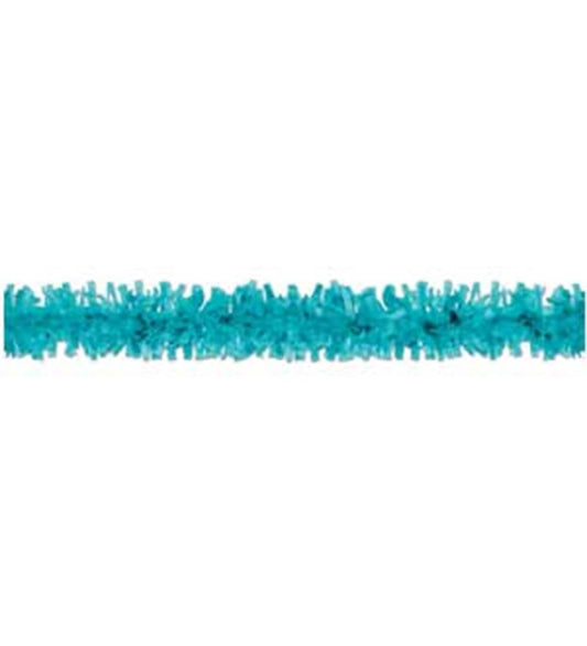 Turquoise blue plastic festooning garland with fringed texture for party decoration, 25 feet long.