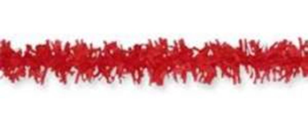 25ft red metallic tinsel festooning garland with a shiny, fringed texture.