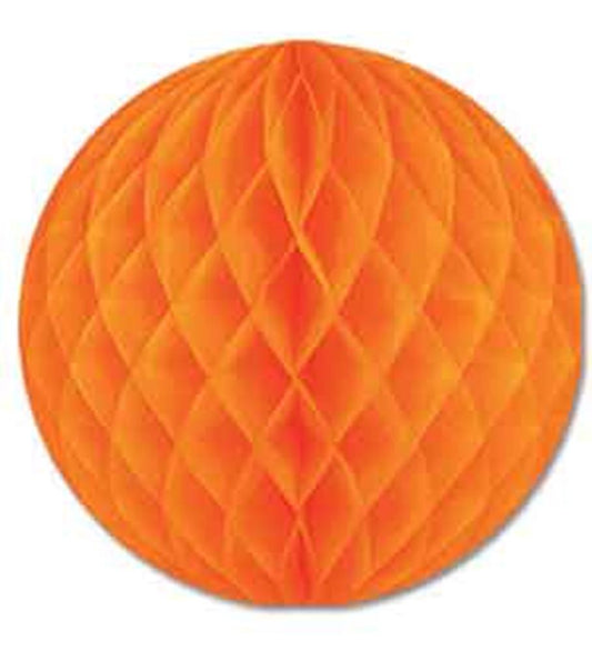 12-inch bright orange honeycomb tissue paper ball decoration with textured pattern.