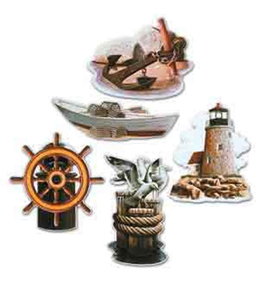 Set of five nautical-themed cardboard cutouts including a lighthouse, ship steering wheel, boat, anchor, and seagulls on a.