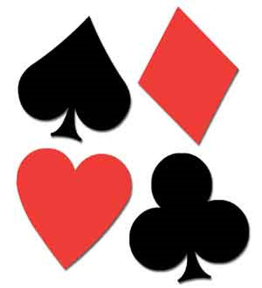 Black spade and club, red diamond and heart card suit cutouts on white background.