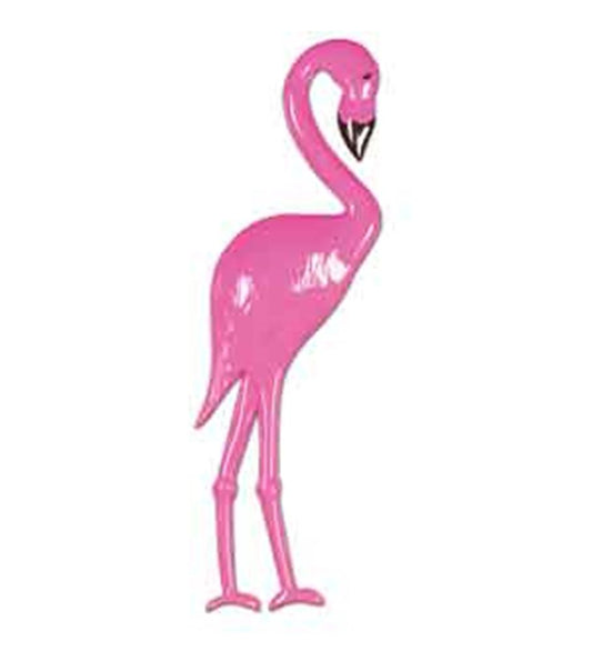 Bright pink plastic flamingo with long neck and legs, glossy finish, standing pose.