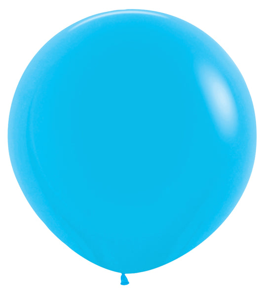 Two large, round, bright blue latex balloons with a smooth, glossy finish.