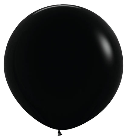 Two large, round black latex balloons with smooth, shiny surfaces and tied ends.