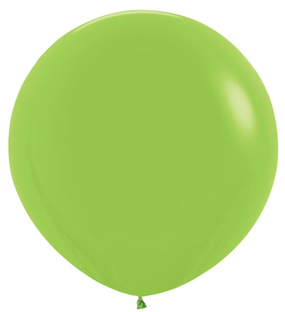 Two large round key lime green latex balloons inflated, smooth surface with light reflections.
