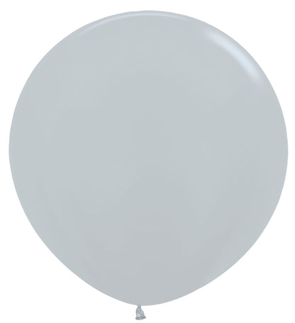 Two large, round metallic silver latex balloons inflated and shiny.