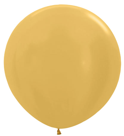 Large round metallic gold latex balloon inflated and tied at the bottom.