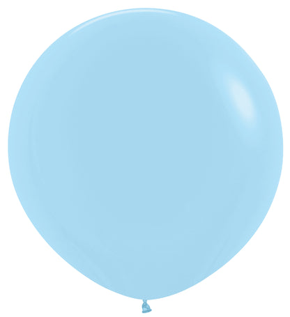 Large round pastel matte blue latex balloon inflated, smooth surface, tied at the base.