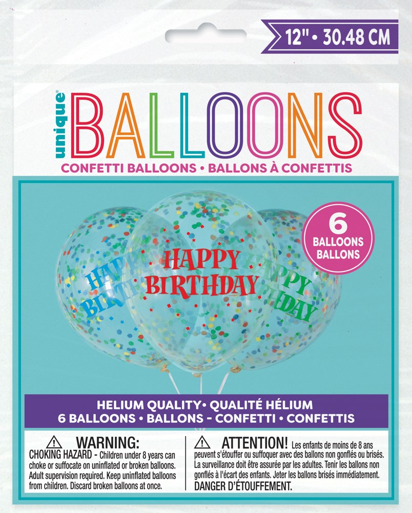 Birthday Clear 12 inch Latex Balloons with Bright Confetti 6ct