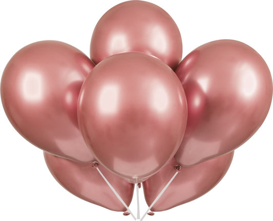 Set of six shiny rose gold latex balloons, 11-inch round shape, glossy finish.