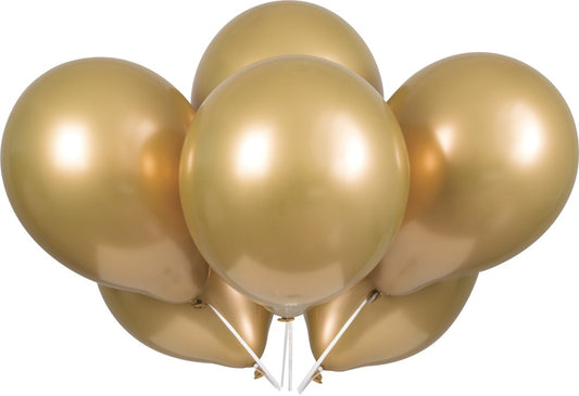 Set of six shiny gold latex balloons, round 11-inch inflated party decorations.