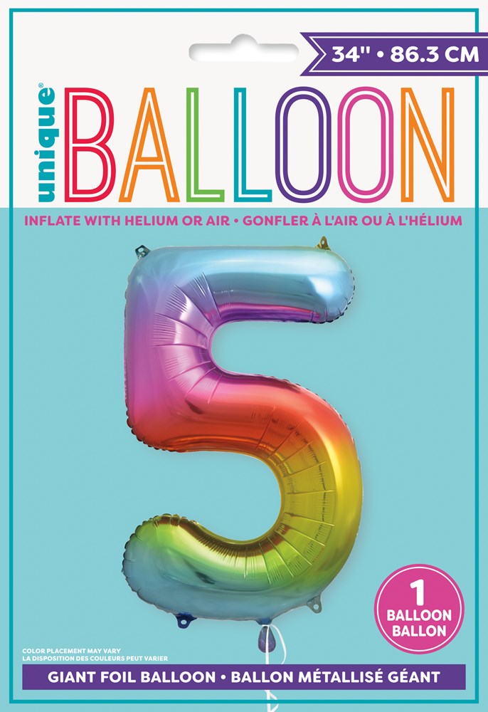 Jumbo Foil Number Balloon 34 inch Rainbow 5 – Toy World Inc