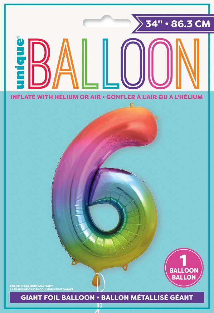 Jumbo Foil Number Balloon 34 inch Rainbow 6 – Toy World Inc