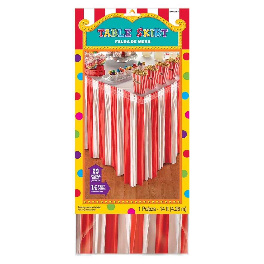Red and white vertical striped polyester table skirt with a ruffled hem, 14 feet long.