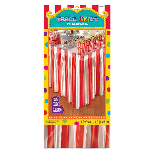 Red and white vertical striped polyester table skirt with a ruffled hem, 14 feet long.