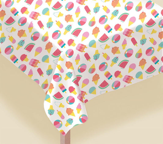 White rectangular tablecover with colorful summer icons like ice cream cones, popsicles, pineapples, watermelon, and flowers.