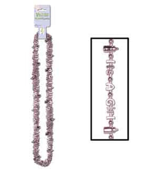 Pink metallic tinsel garland necklace with "It's a Girl" letter beads and baby-themed charms.