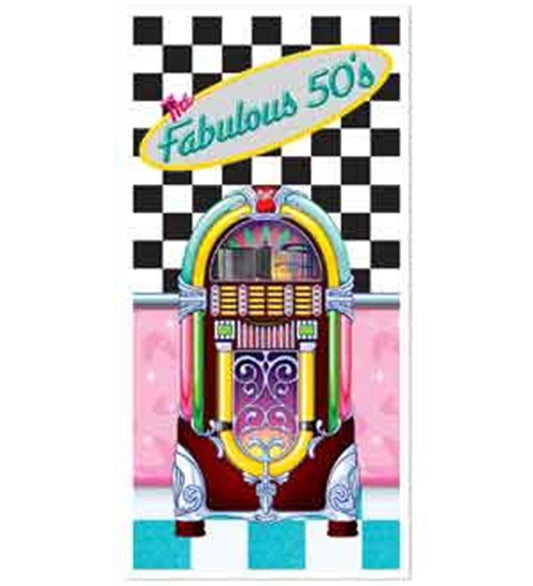 Colorful retro jukebox design on a black and white checkerboard background with pink accents and "Fabulous 50s" text in a.
