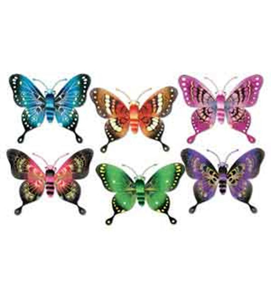 Set of six colorful jumbo butterfly decorations in blue, orange, pink, black, green, and purple with detailed wings and.