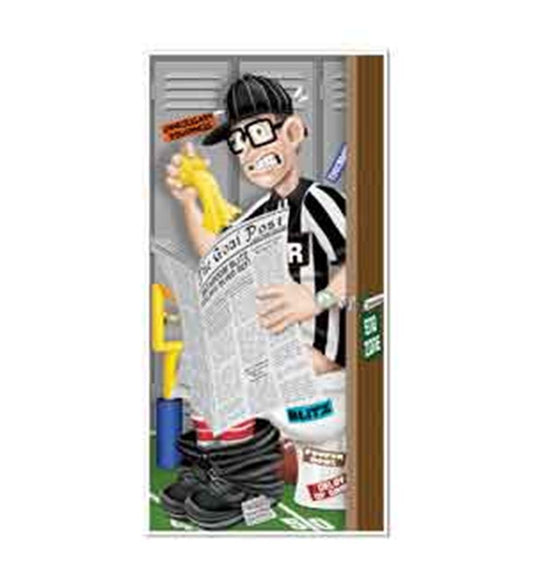 Decorative football referee door cover with cartoon referee holding a newspaper and yellow card, locker background.