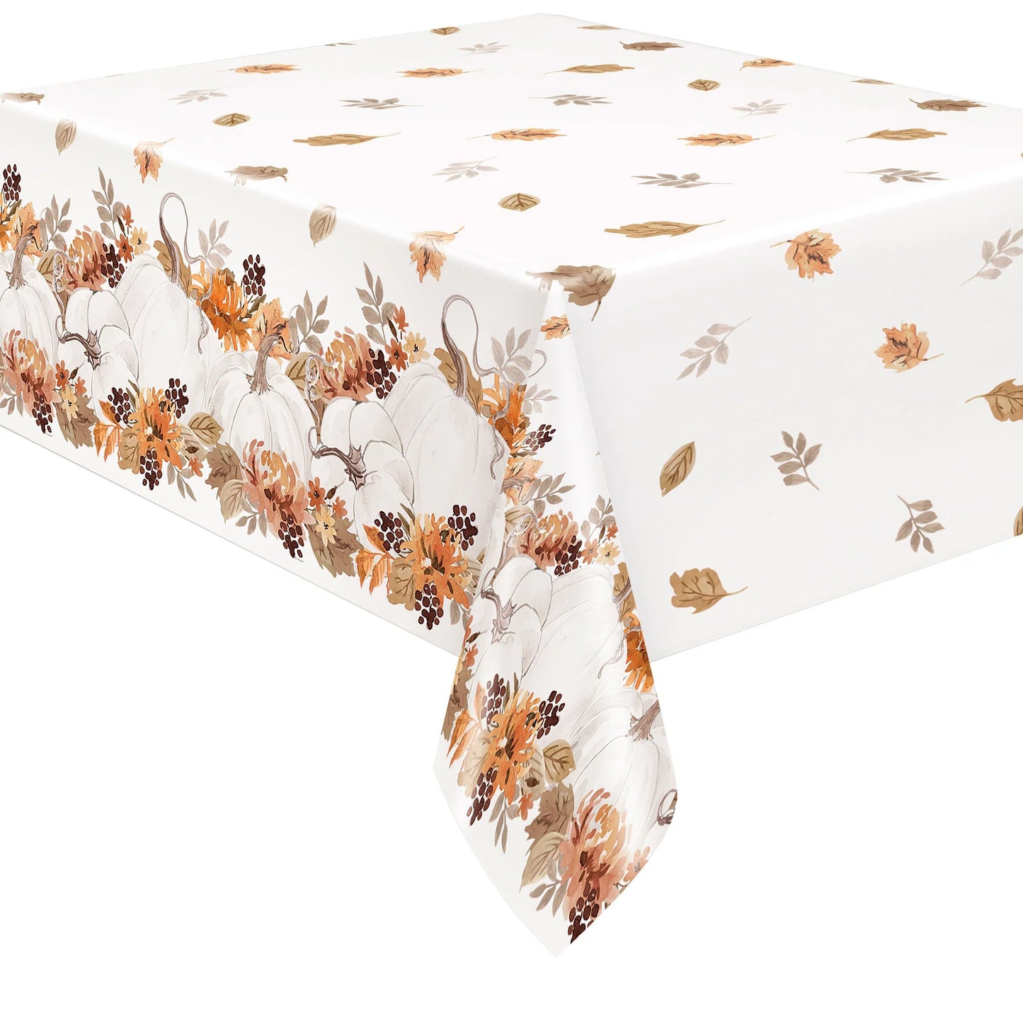 White plastic tablecover with orange, brown, and gold autumn leaves and floral border design, measuring 54 by 84 inches.