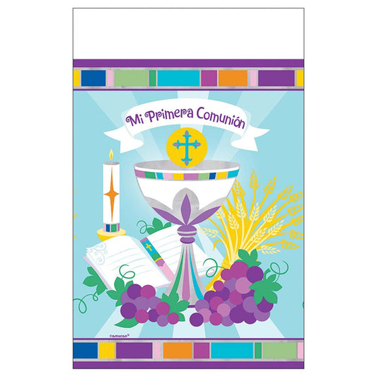 White tablecover with colorful border featuring chalice, host, candle, grapes, and wheat illustrations for a first communion