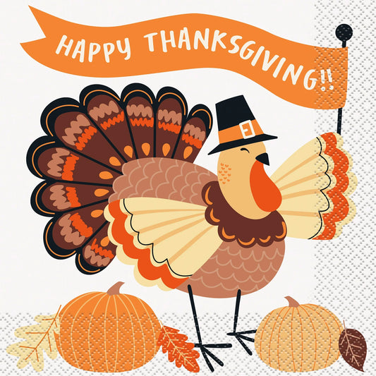 Paper napkin with colorful cartoon turkey, pumpkins, autumn leaves, and "Happy Thanksgiving!" banner design in fall colors.