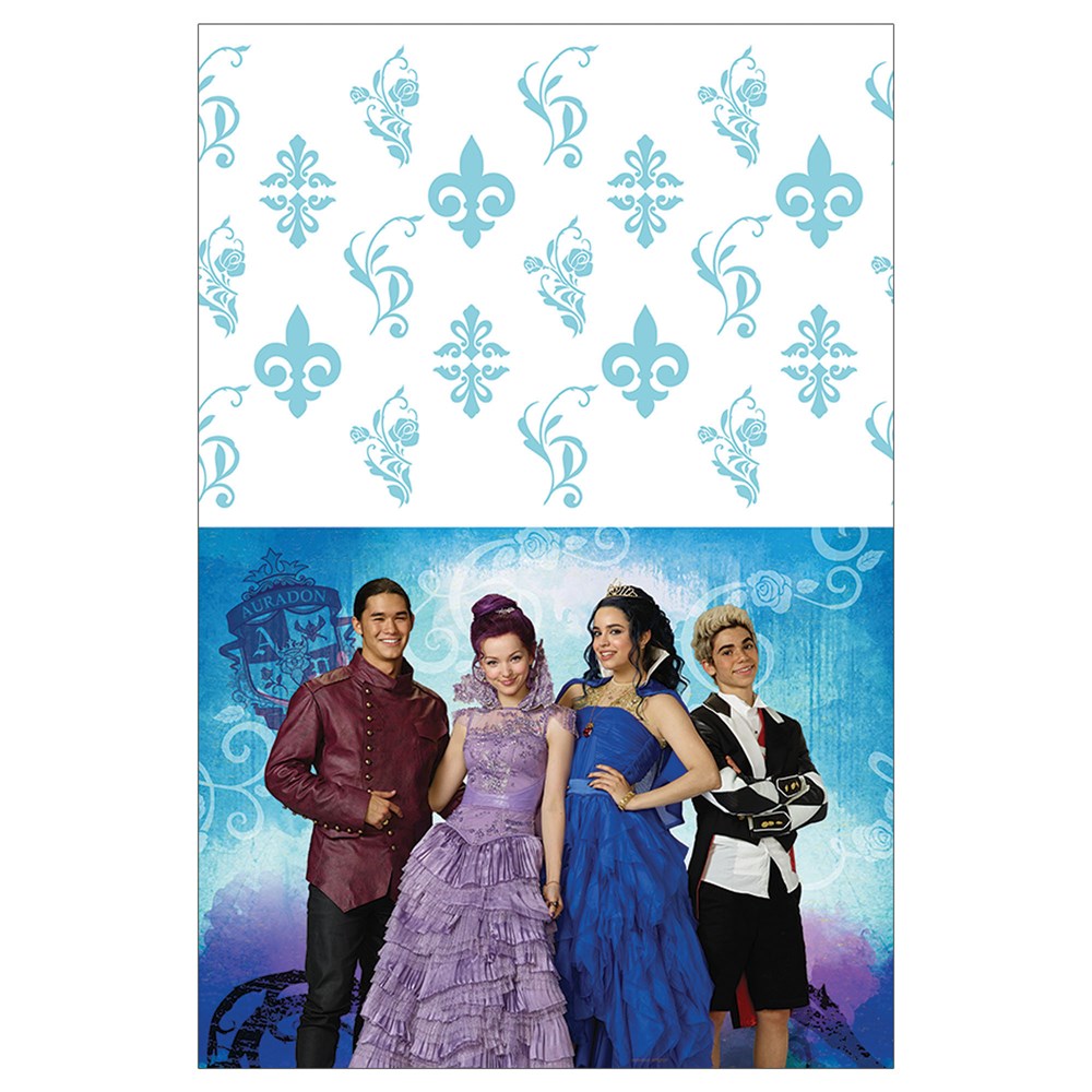 Rectangular tablecover with white top featuring blue fleur-de-lis patterns and bottom panel showing four Descendants.