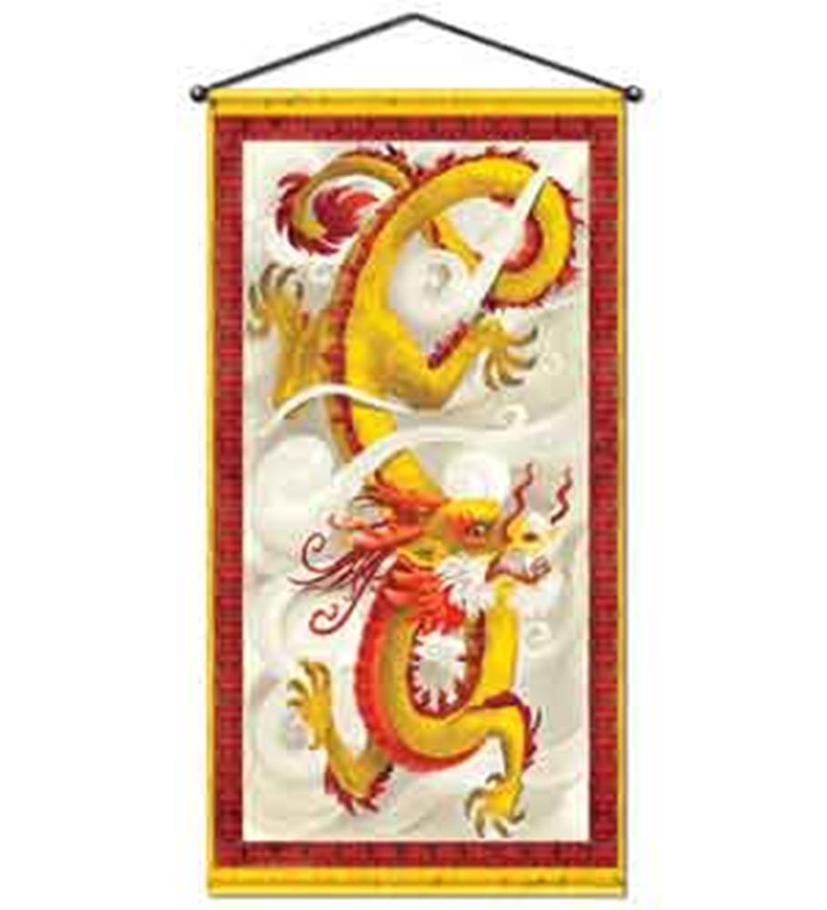 Red and gold Chinese dragon design on a rectangular hanging fabric door panel with a wooden rod at the top.