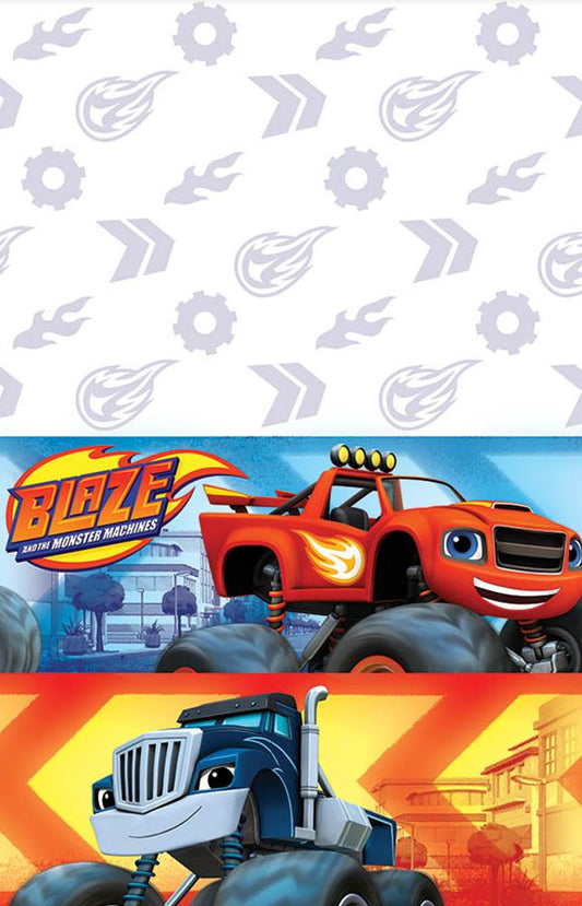 Blaze Monster Machines tablecover with red and blue monster trucks on colorful background, 54x96 inches.