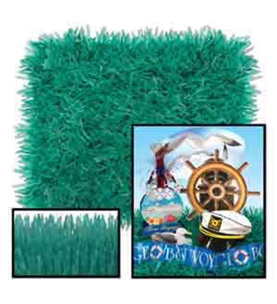 Bright teal green fringed tissue mat with thick, fluffy textured strands perfect for party decoration.