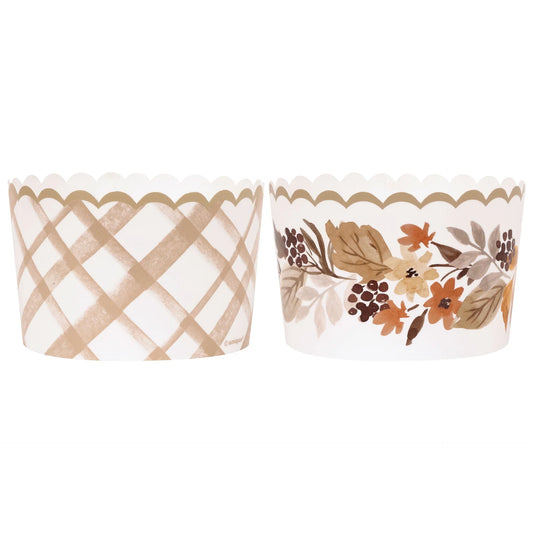 Set of two scalloped paper treat cups with fall-themed designs; one features beige and white plaid, the other displays.