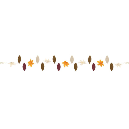 6ft crepe paper garland with autumn leaves and flowers in brown, burgundy, orange, and cream colors.