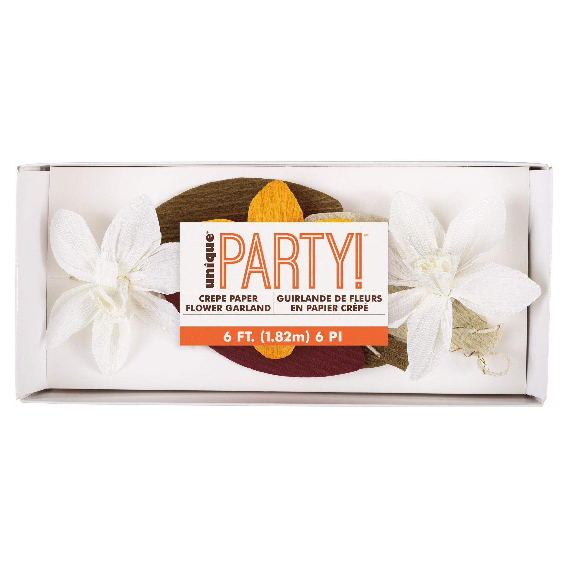 6ft crepe paper garland with white poinsettia flowers and autumn leaves in brown and orange tones.