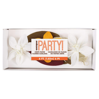 6ft crepe paper garland with white poinsettia flowers and autumn leaves in brown and orange tones.