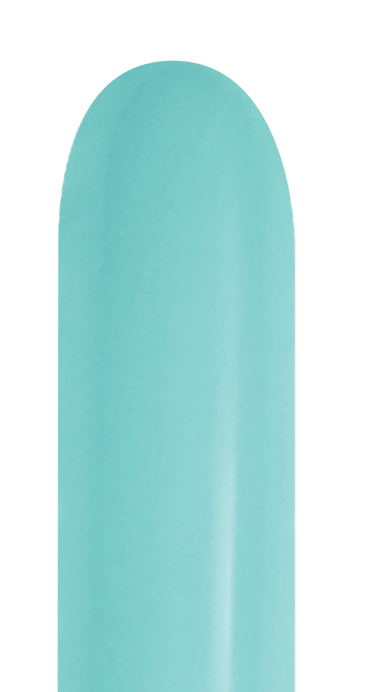 Robins egg blue elongated latex balloon with nozzle up, smooth matte finish.