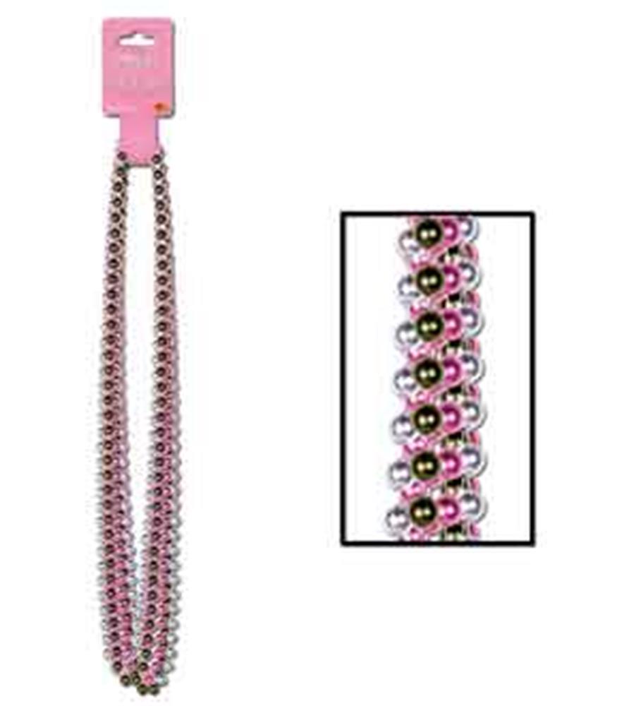 Pink and gold round beaded necklace strands with metallic shine on retail packaging.