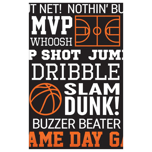 Black and white basketball-themed plastic tablecover with orange court and ball graphics, 54x102 inches.