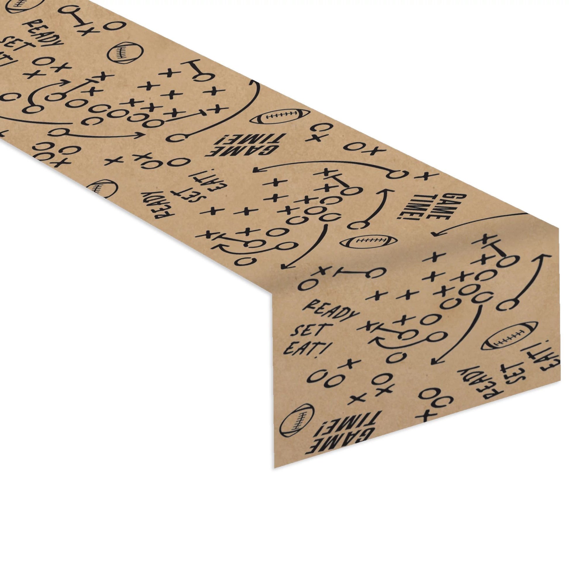 Kraft paper table runner with black football play diagrams and motivational text in bold, rustic style.