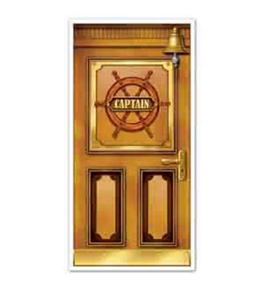 Brown wooden door cover with nautical captain’s wheel, gold "Captain" sign, and brass ship bell detail.